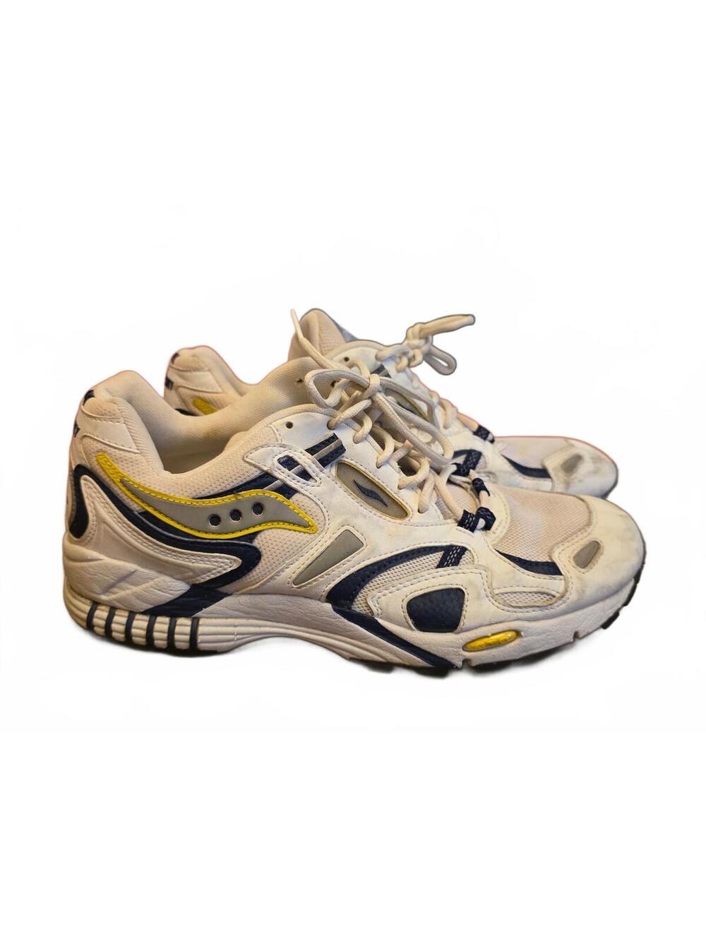 Vintage 90s Saucony GRID Omni White Navy Yellow Running Shoes Men's Sz US 9.5